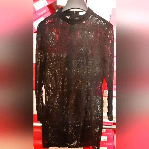 Justfab size Junior XXL Black lace long sleeve shirt could be a L/XL short dress - Picture 1 of 3